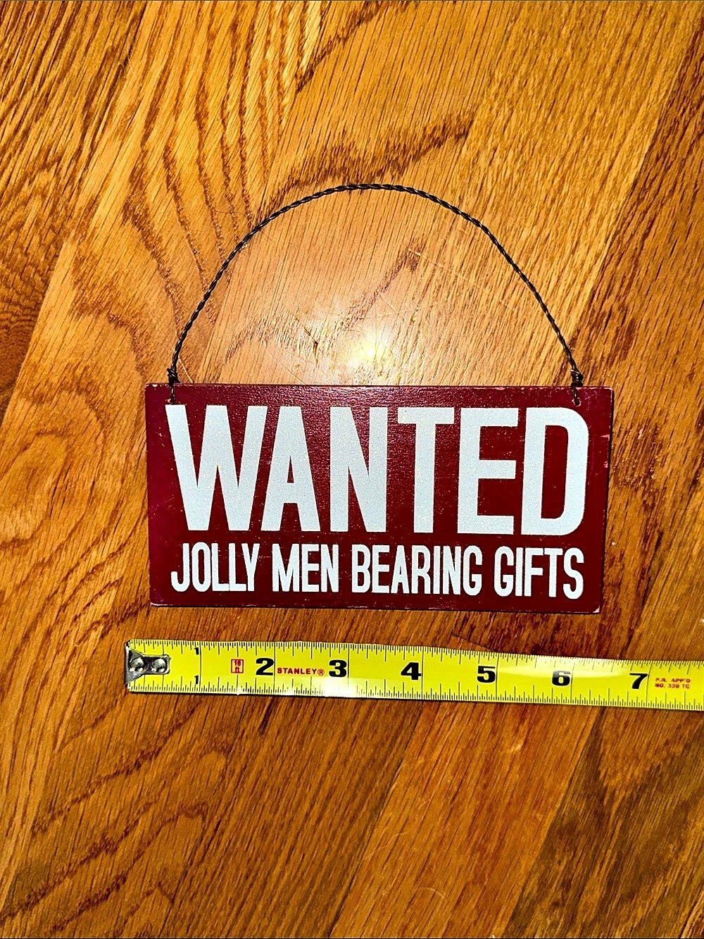 Primitives by Kathy Wanted Jolly Men Bearing Gifts Hanging Sign Red & White